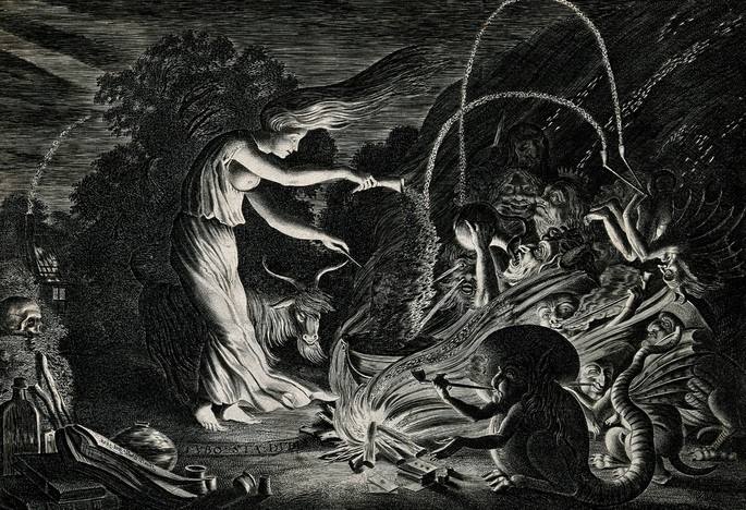 A witch at her cauldron surrounded by beasts. Etching by J. Wellcome 